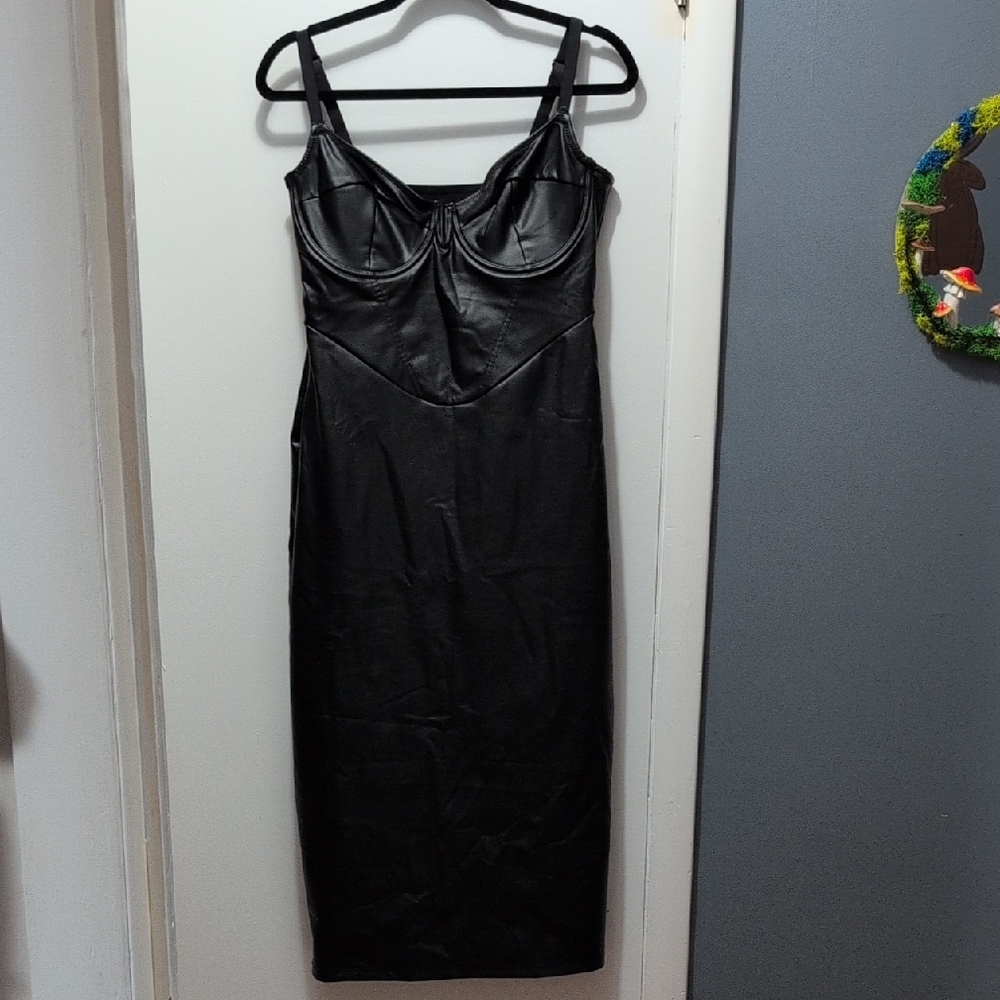 Popilush Faux Leather Black Dress With Built-in Shapewear